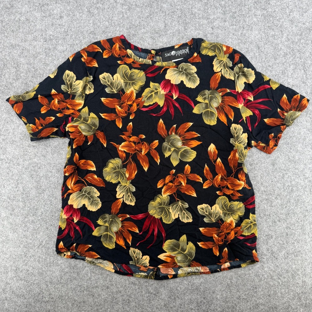 Vintage Black Tropical Leaf Rayon Sag Harbor Top Womens Small Petite